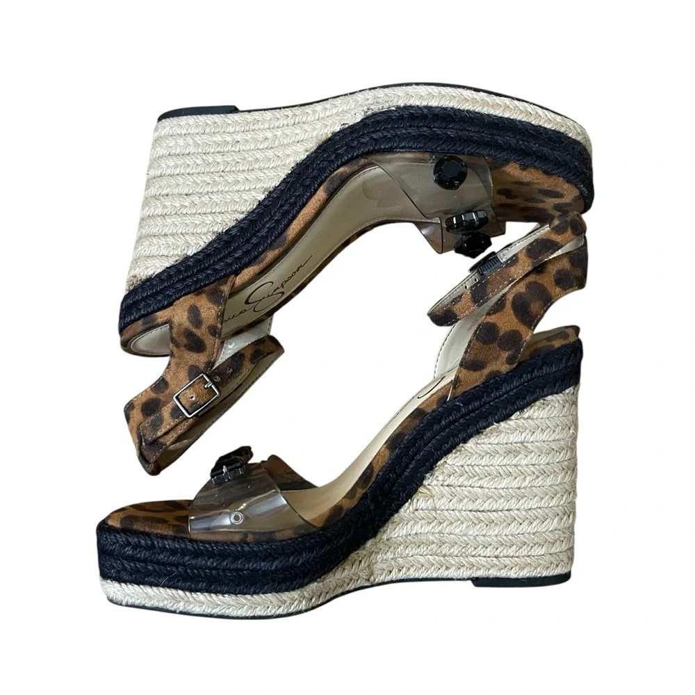 Jessica Simpson Leopard Espadrille Wedge Sandals Clear Strap Gem Studs Size 7